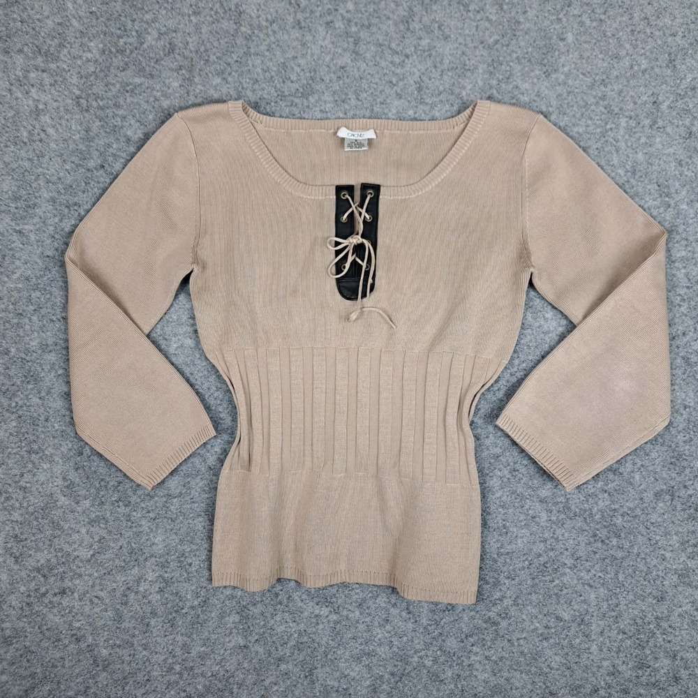Cache Sweater Womens Small Beige Silk Blend Sweater Ribbed‎ Long Sleeve  Top